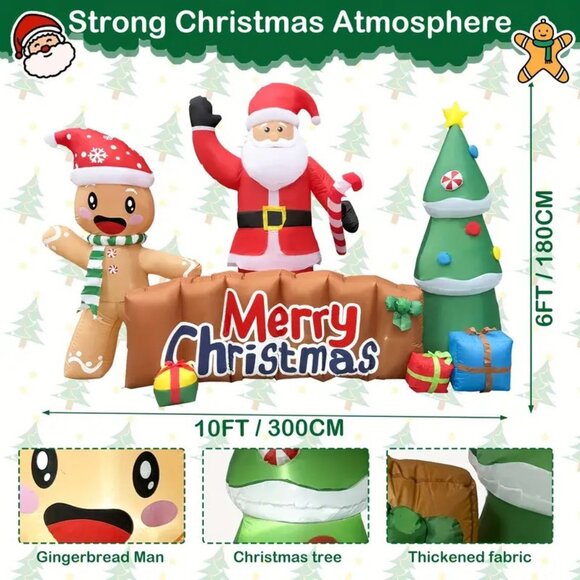 6' x 10' Merry Christmas Inflatable Banner Santa, Xmas Tree and Gingerbread Man - Picture 2 of 3